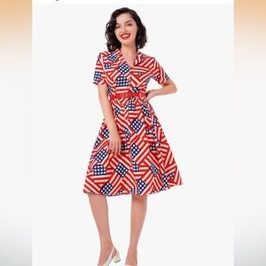 1950’S AUBREY HEPBURN NOTCH LAPEL AMERICAN FLAG COCKTAIL SWING DRESS MEDIUM